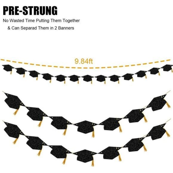 Class of 2025 Graduation Banner Black Gold Glitter Party Decor with Tassels - Picture 5 of 7